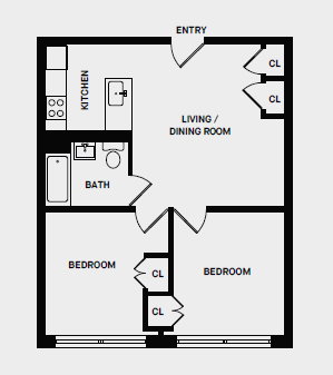 Floor plan for 2 beds, 1 bath, 606 sqft